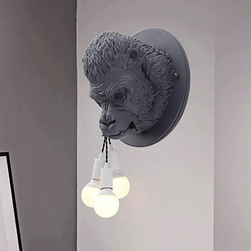 Chimpanzee Resin Wall Lamp Sconce Rustic 3 Heads Living Room Wall Light Fixture in Grey/White Grey Clearhalo 'Wall Lamps & Sconces' 'Wall Lights' Lighting' 1787582