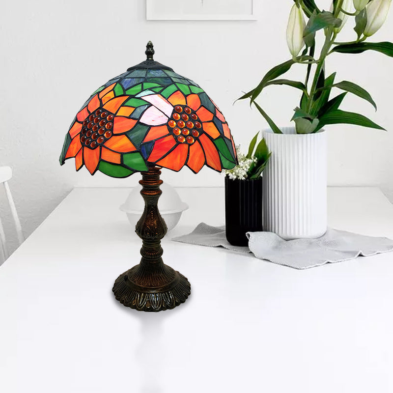 Rustic Tiffany Sunflower Desk Light 1 Head Stained Glass Cone/Dome/Bowl Table Light in Orange for Bedroom Clearhalo 'Lamps' 'Table Lamps' Lighting' 178759