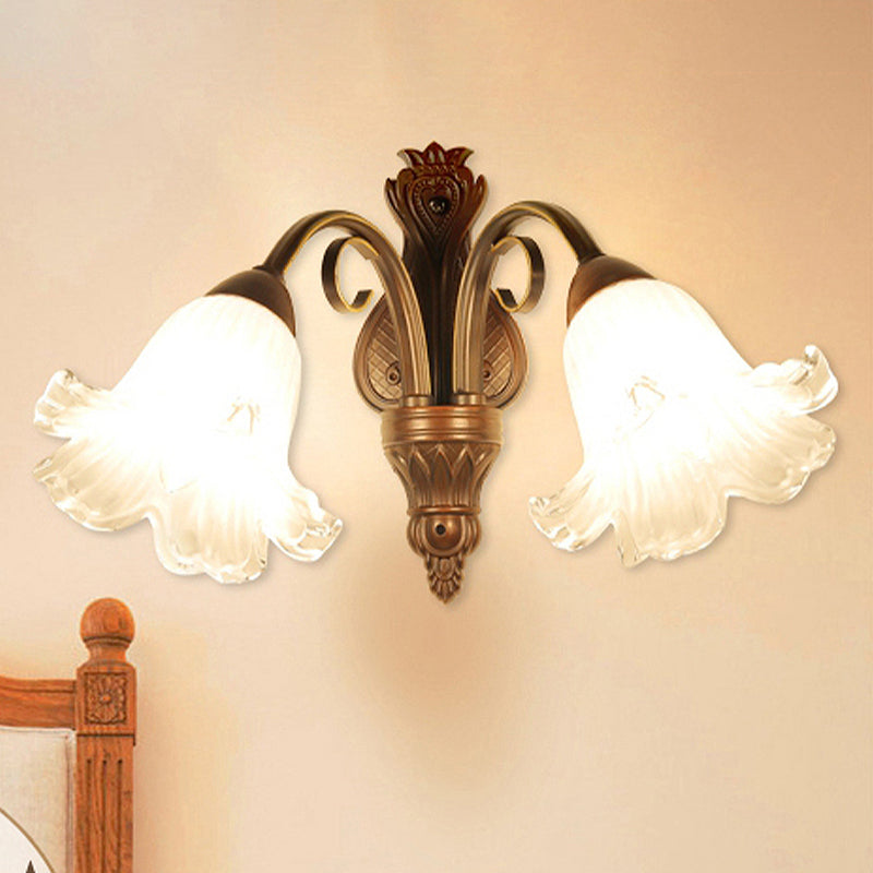 Traditionalism Floral Wall Lamp Fixture 1/2-Light White Glass Wall Sconce Lighting in Black for Bedroom Clearhalo 'Wall Lamps & Sconces' 'Wall Lights' Lighting' 1787592