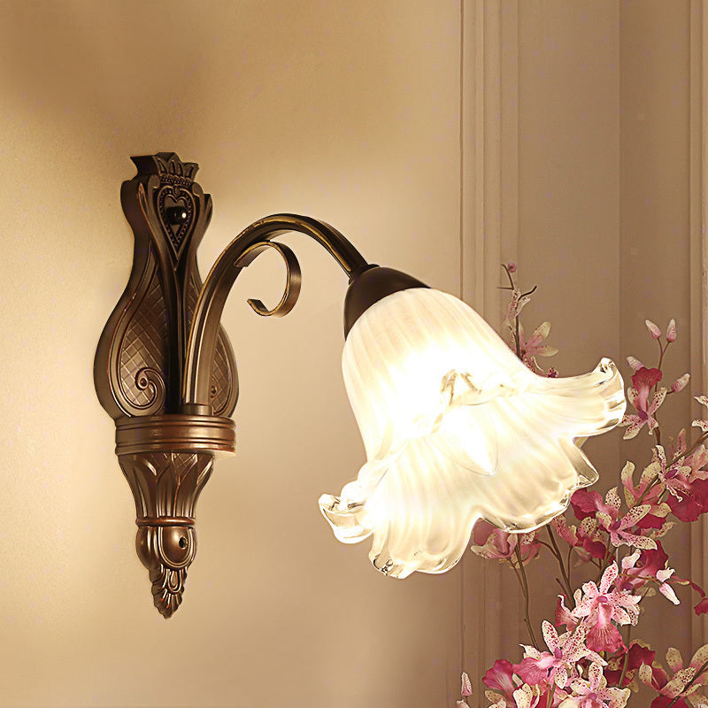 Traditionalism Floral Wall Lamp Fixture 1/2-Light White Glass Wall Sconce Lighting in Black for Bedroom Clearhalo 'Wall Lamps & Sconces' 'Wall Lights' Lighting' 1787596