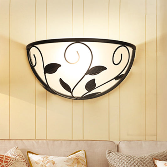 Half Moon Bedroom Wall Sconce Vintage White Glass 1 Head Black Wall Lighting with Leaf Design Clearhalo 'Wall Lamps & Sconces' 'Wall Lights' Lighting' 1787603
