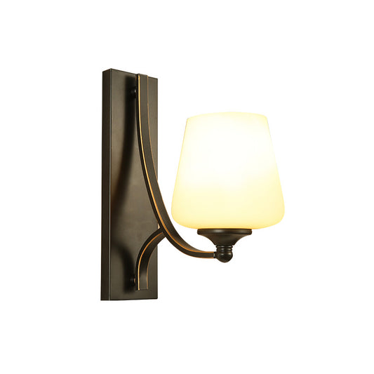 Traditional Tapered Wall Mounted Light 1 Bulb Frosted White Glass Wall Sconce Lamp in Black for Bedroom Clearhalo 'Wall Lamps & Sconces' 'Wall Lights' Lighting' 1787609