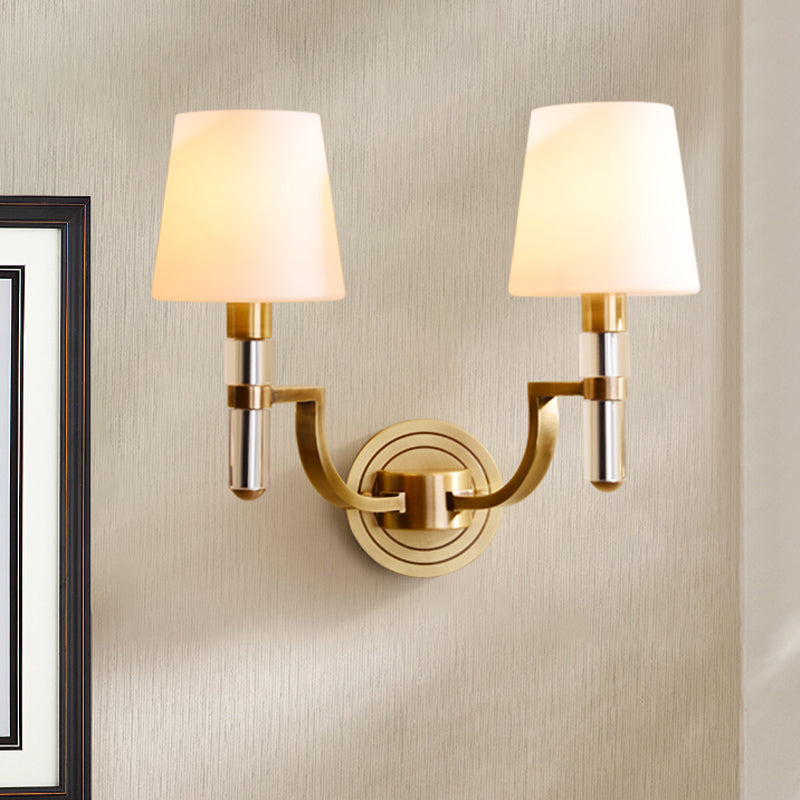 1/2-Light Tapered Wall Lamp Sconce Colonial Gold Frosted Glass Wall Mounted Light with Crystal Accent Clearhalo 'Wall Lamps & Sconces' 'Wall Lights' Lighting' 1787620