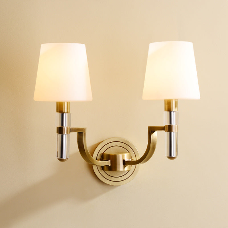 1/2-Light Tapered Wall Lamp Sconce Colonial Gold Frosted Glass Wall Mounted Light with Crystal Accent 2.0 Gold Clearhalo 'Wall Lamps & Sconces' 'Wall Lights' Lighting' 1787621