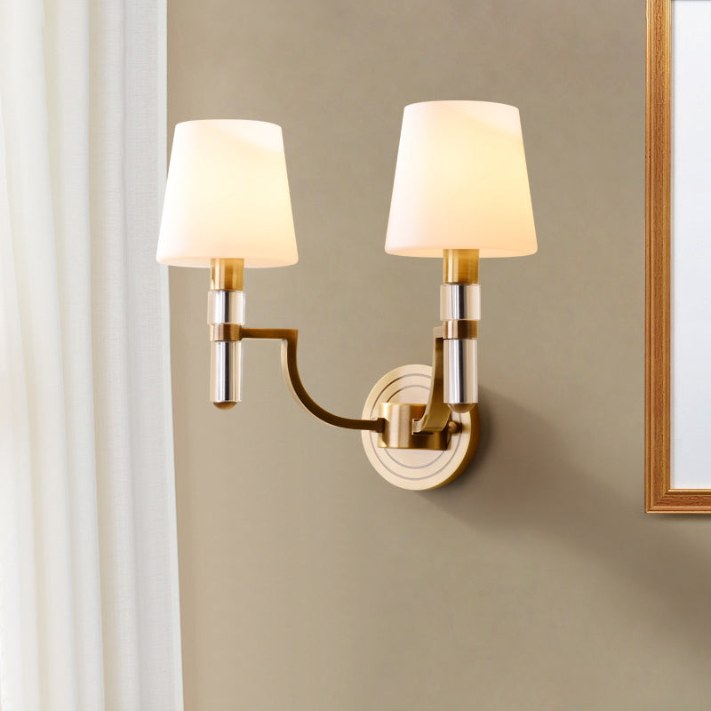 1/2-Light Tapered Wall Lamp Sconce Colonial Gold Frosted Glass Wall Mounted Light with Crystal Accent Clearhalo 'Wall Lamps & Sconces' 'Wall Lights' Lighting' 1787622