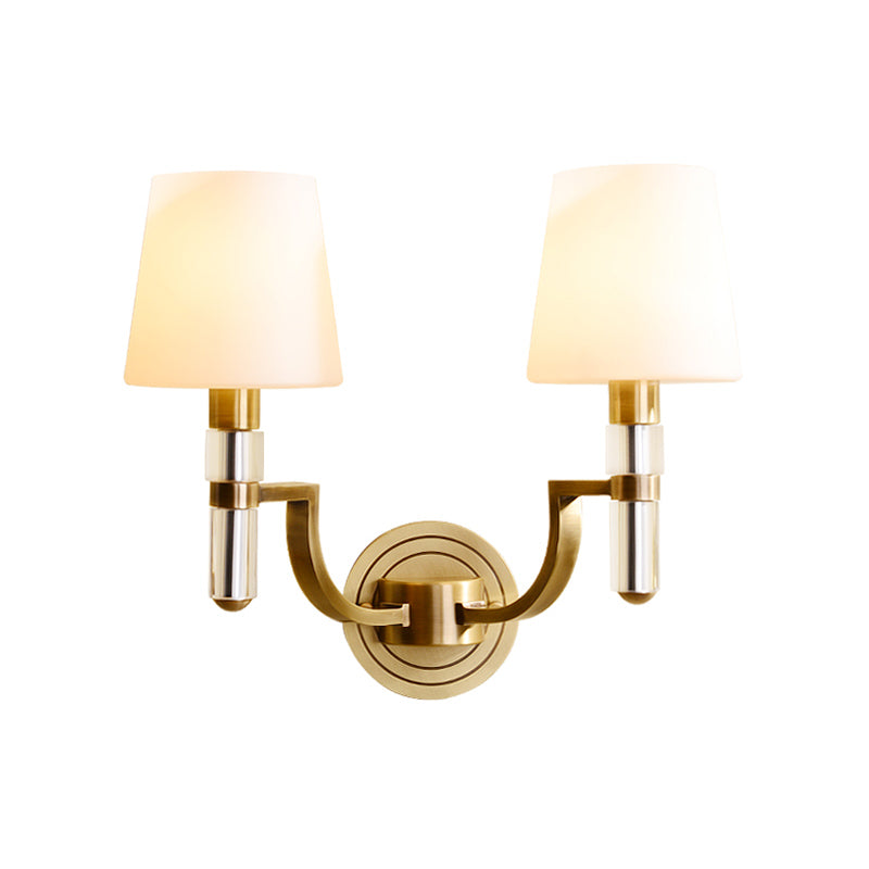 1/2-Light Tapered Wall Lamp Sconce Colonial Gold Frosted Glass Wall Mounted Light with Crystal Accent Clearhalo 'Wall Lamps & Sconces' 'Wall Lights' Lighting' 1787623