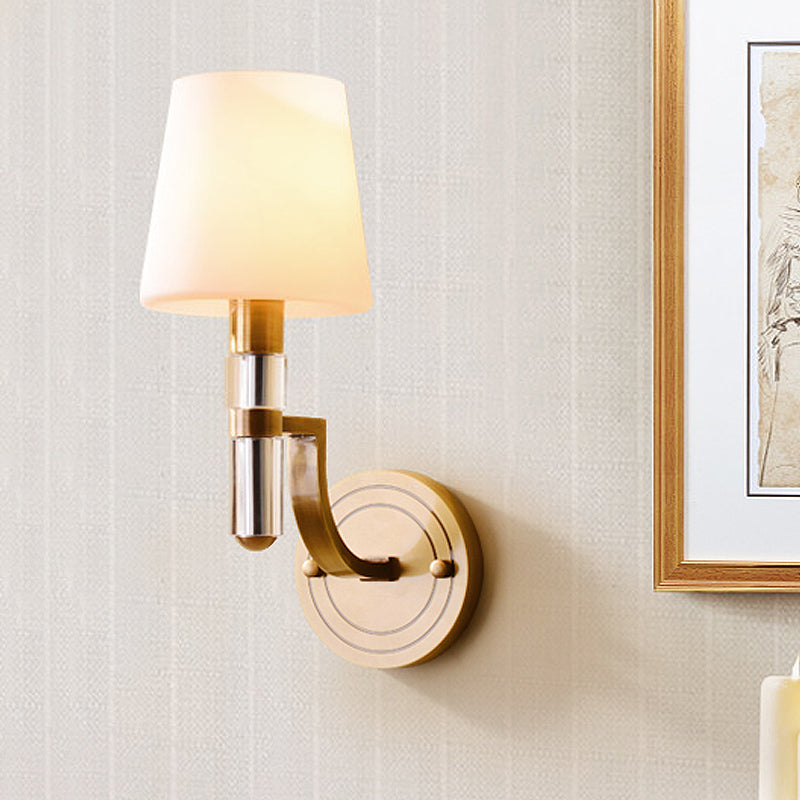 1/2-Light Tapered Wall Lamp Sconce Colonial Gold Frosted Glass Wall Mounted Light with Crystal Accent 1.0 Gold Clearhalo 'Wall Lamps & Sconces' 'Wall Lights' Lighting' 1787625