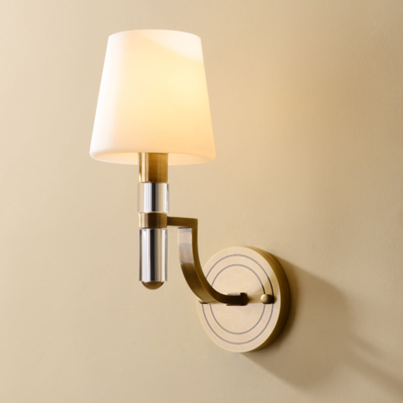 1/2-Light Tapered Wall Lamp Sconce Colonial Gold Frosted Glass Wall Mounted Light with Crystal Accent Clearhalo 'Wall Lamps & Sconces' 'Wall Lights' Lighting' 1787627