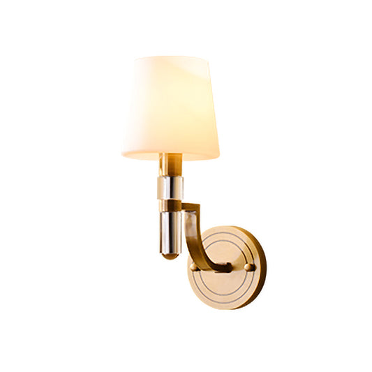 1/2-Light Tapered Wall Lamp Sconce Colonial Gold Frosted Glass Wall Mounted Light with Crystal Accent Clearhalo 'Wall Lamps & Sconces' 'Wall Lights' Lighting' 1787628