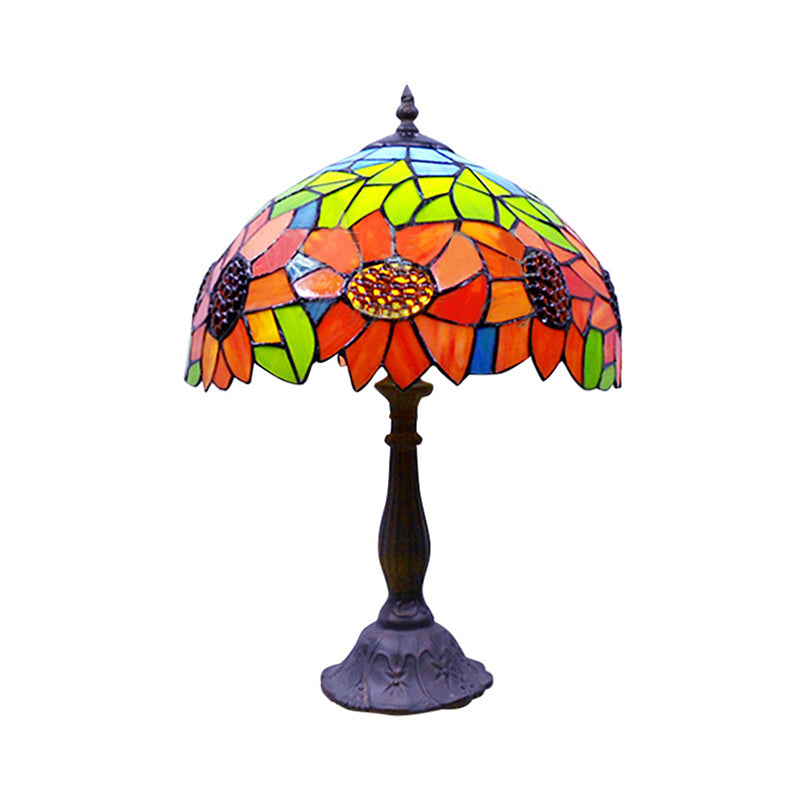 Rustic Tiffany Sunflower Desk Light 1 Head Stained Glass Cone/Dome/Bowl Table Light in Orange for Bedroom Clearhalo 'Lamps' 'Table Lamps' Lighting' 178763