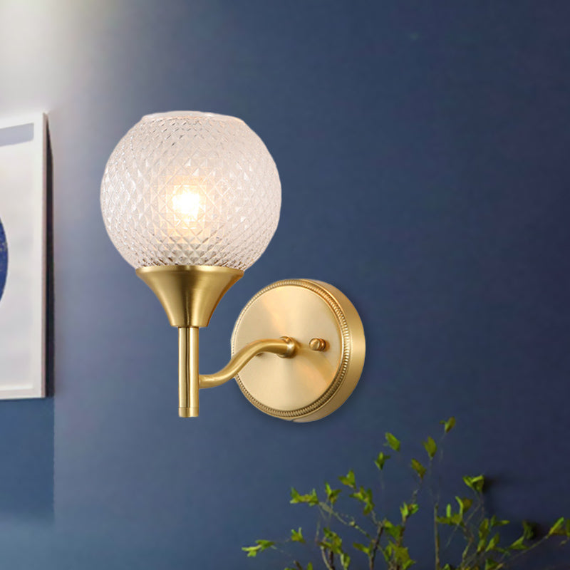 Spherical Corridor Wall Mounted Lighting Colonialist Clear Ribbed Glass 1-Light Gold Sconce Clearhalo 'Wall Lamps & Sconces' 'Wall Lights' Lighting' 1787630