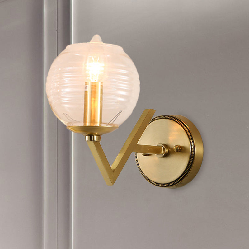 Global Clear Ribbed Glass Sconce Colonialism 1/2-Head Corridor Wall Light in Gold with V Shape Metal Arm 1.0 Gold Clearhalo 'Wall Lamps & Sconces' 'Wall Lights' Lighting' 1787636