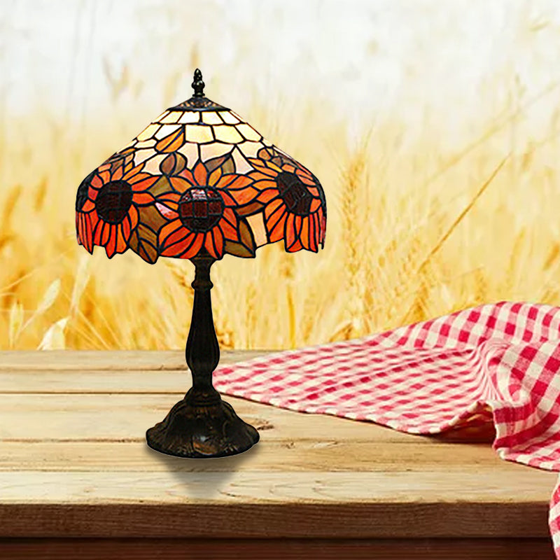 Rustic Tiffany Sunflower Desk Light 1 Head Stained Glass Cone/Dome/Bowl Table Light in Orange for Bedroom Clearhalo 'Lamps' 'Table Lamps' Lighting' 178764