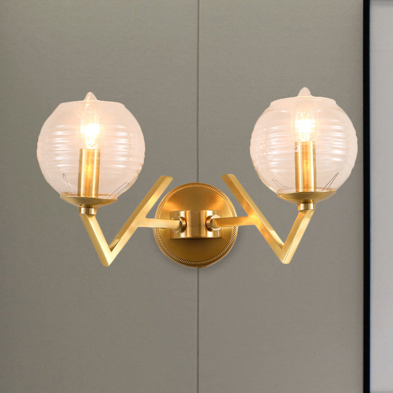 Global Clear Ribbed Glass Sconce Colonialism 1/2-Head Corridor Wall Light in Gold with V Shape Metal Arm 2.0 Gold Clearhalo 'Wall Lamps & Sconces' 'Wall Lights' Lighting' 1787640