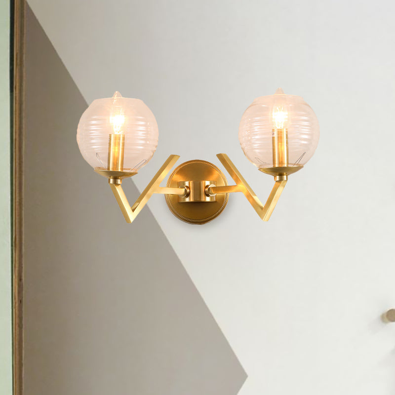 Global Clear Ribbed Glass Sconce Colonialism 1/2-Head Corridor Wall Light in Gold with V Shape Metal Arm Clearhalo 'Wall Lamps & Sconces' 'Wall Lights' Lighting' 1787641