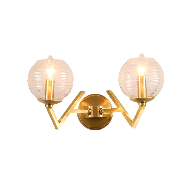 Global Clear Ribbed Glass Sconce Colonialism 1/2-Head Corridor Wall Light in Gold with V Shape Metal Arm Clearhalo 'Wall Lamps & Sconces' 'Wall Lights' Lighting' 1787643