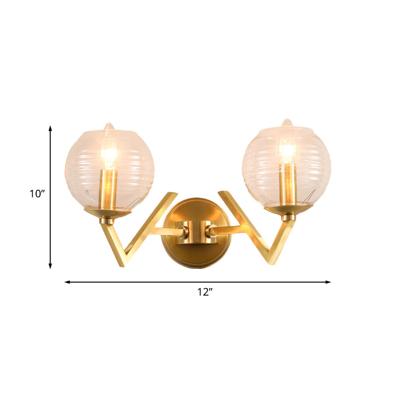 Global Clear Ribbed Glass Sconce Colonialism 1/2-Head Corridor Wall Light in Gold with V Shape Metal Arm Clearhalo 'Wall Lamps & Sconces' 'Wall Lights' Lighting' 1787644