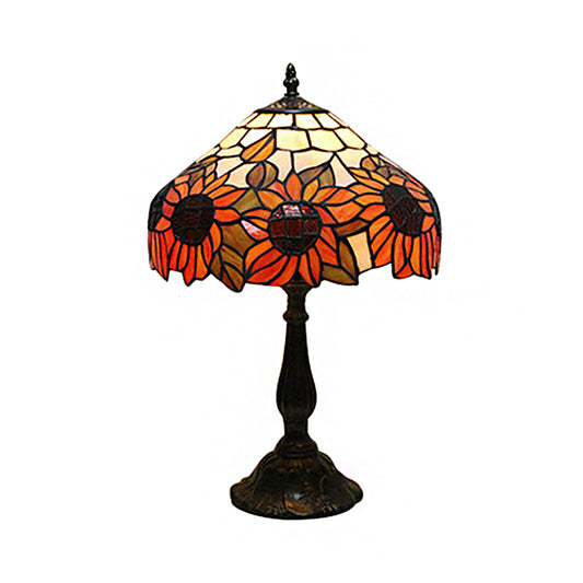 Rustic Tiffany Sunflower Desk Light 1 Head Stained Glass Cone/Dome/Bowl Table Light in Orange for Bedroom Clearhalo 'Lamps' 'Table Lamps' Lighting' 178765