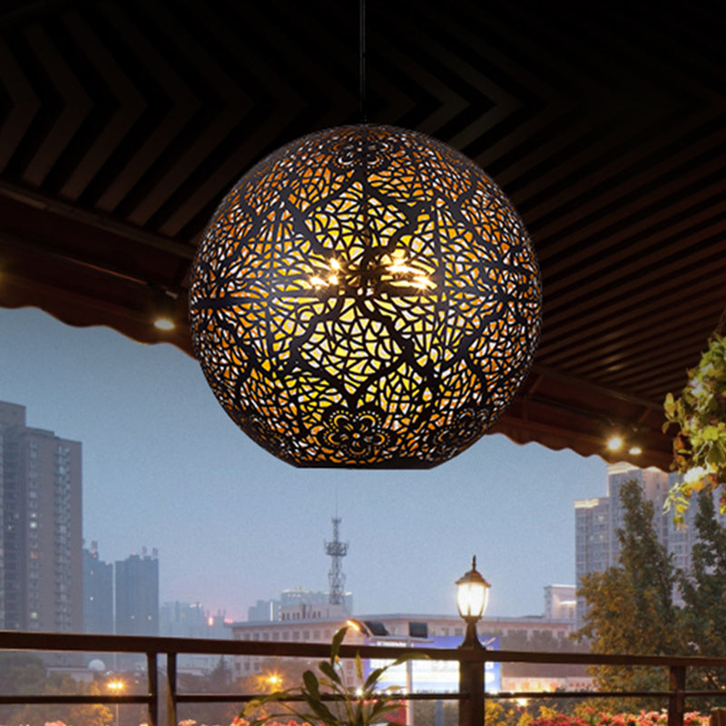 Globe Dining Room Pendant Chandelier Arab Iron 3 Lights Black Ceiling Suspension Lamp with Hollow-Out Design Black Clearhalo 'Ceiling Lights' 'Pendant Lights' 'Pendants' Lighting' 1787675_5bb3e93a-45b6-4dcd-9c6d-1d36d9fe741e