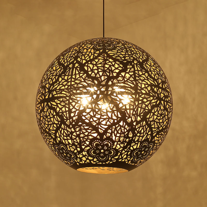 Globe Dining Room Pendant Chandelier Arab Iron 3 Lights Black Ceiling Suspension Lamp with Hollow-Out Design Clearhalo 'Ceiling Lights' 'Pendant Lights' 'Pendants' Lighting' 1787677