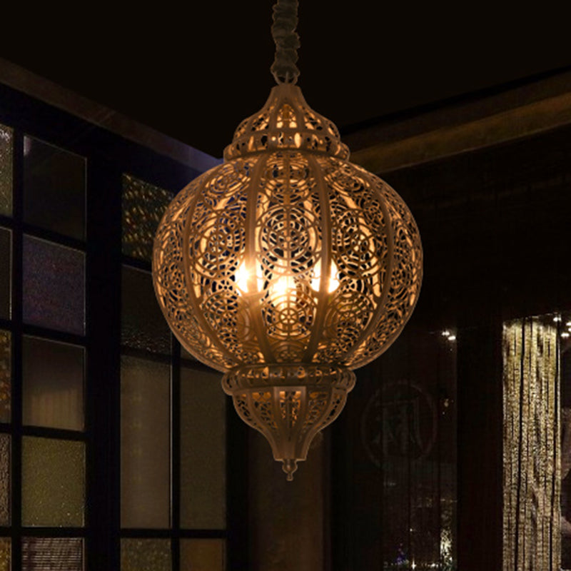 Metal Bronze Pendant Lighting Lantern Shade 3-Bulb Traditional Hanging Chandelier with Laser Cut Design Clearhalo 'Ceiling Lights' 'Chandeliers' Lighting' options 1787679