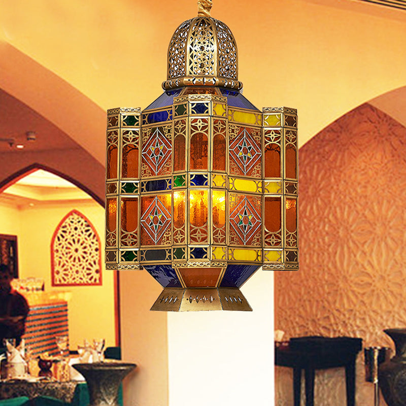 Etched Lantern Restaurant Ceiling Lamp Traditional Stained Art Glass 3 Heads Brass Hanging Chandelier Brass Clearhalo 'Ceiling Lights' 'Chandeliers' Lighting' options 1787685_58c21dd9-204c-4c71-89ae-27c20831cfcf