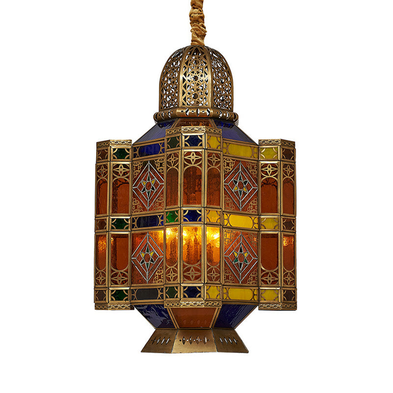 Etched Lantern Restaurant Ceiling Lamp Traditional Stained Art Glass 3 Heads Brass Hanging Chandelier Clearhalo 'Ceiling Lights' 'Chandeliers' Lighting' options 1787687