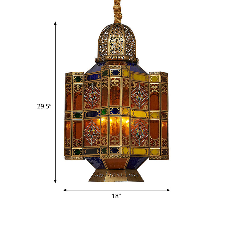 Etched Lantern Restaurant Ceiling Lamp Traditional Stained Art Glass 3 Heads Brass Hanging Chandelier Clearhalo 'Ceiling Lights' 'Chandeliers' Lighting' options 1787688