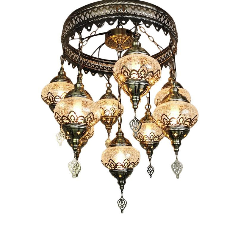 Bronze Elliptical Hanging Ceiling Light Vintage Clear Crackle Glass 9-Head Bedroom Pendant Chandelier Clearhalo 'Ceiling Lights' 'Chandeliers' 'Glass shade' 'Glass' 'Pendant Lights' Lighting' 1787719