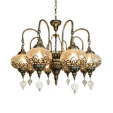 Lantern Living Room Suspension Lamp Bohemia Clear Crackle Glass 8 Lights Bronze Chandelier Light with Swooping Arm Clearhalo 'Ceiling Lights' 'Chandeliers' 'Glass shade' 'Glass' Lighting' 1787724