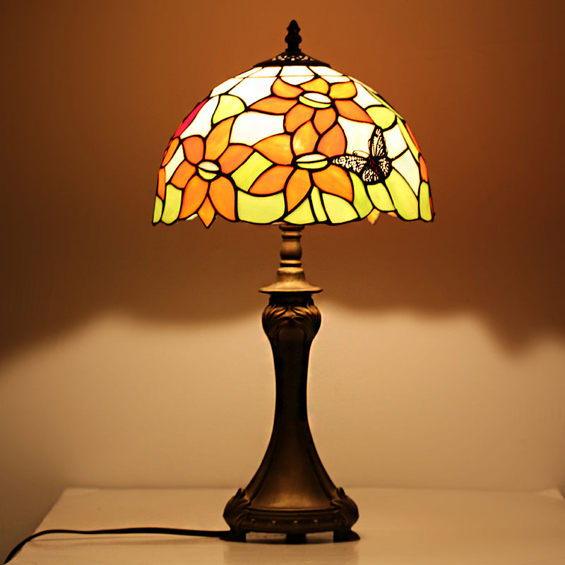 Tiffany Rustic Desk Lamp with Flower Butterfly 1 Light Stained Glass Desk Light in Orange for Cafe Clearhalo 'Lamps' 'Table Lamps' Lighting' 178775