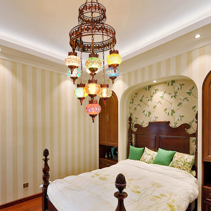 Lantern Bedroom Pendant Lighting Bohemia Stained Glass 10 Lights Purple Chandelier Light Clearhalo 'Ceiling Lights' 'Chandeliers' Lighting' options 1787758