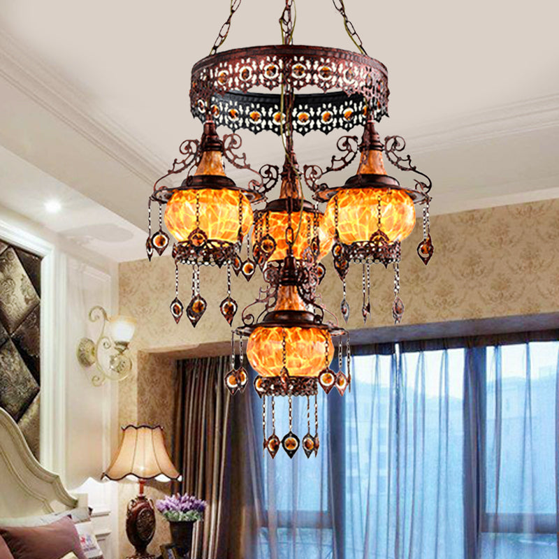 4 Heads Stained Glass Chandelier Bohemia Orange Lantern Living Room Pendant Lighting Clearhalo 'Ceiling Lights' 'Chandeliers' Lighting' options 1787762