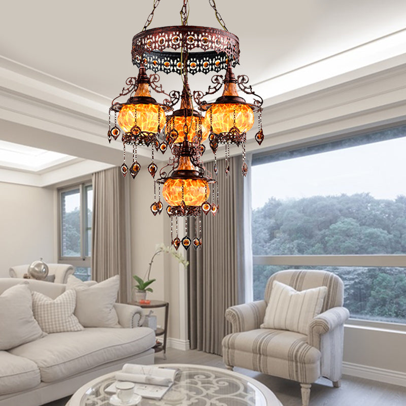 4 Heads Stained Glass Chandelier Bohemia Orange Lantern Living Room Pendant Lighting Clearhalo 'Ceiling Lights' 'Chandeliers' Lighting' options 1787763