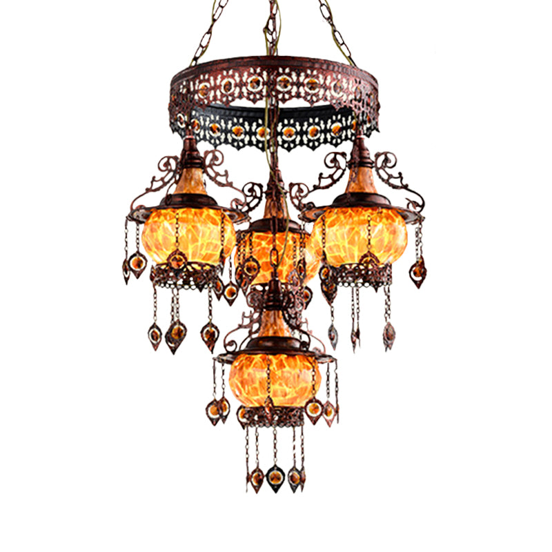 4 Heads Stained Glass Chandelier Bohemia Orange Lantern Living Room Pendant Lighting Clearhalo 'Ceiling Lights' 'Chandeliers' Lighting' options 1787765