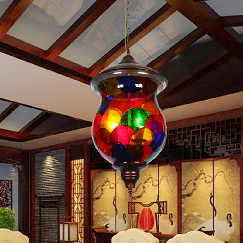 3 Bulbs Red Glass Chandelier Vintage Copper Urn Shape Bathroom Pendant Lighting Fixture Clearhalo 'Ceiling Lights' 'Chandeliers' Lighting' options 1787767