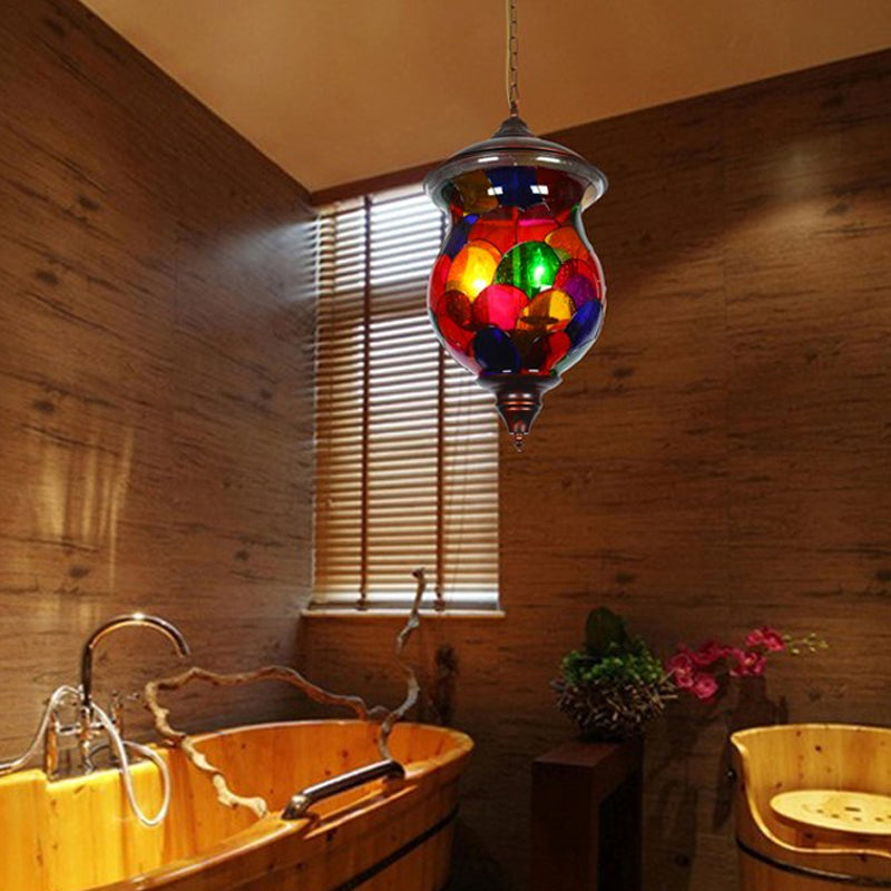 3 Bulbs Red Glass Chandelier Vintage Copper Urn Shape Bathroom Pendant Lighting Fixture Clearhalo 'Ceiling Lights' 'Chandeliers' Lighting' options 1787768