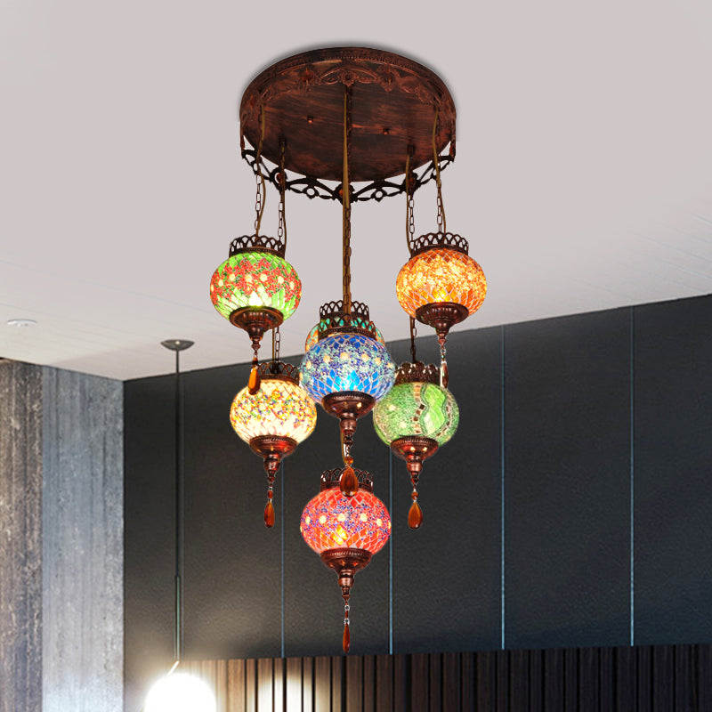 Global Cut Glass Hanging Light Bohemian 7-Head Kitchen Chandelier Lighting Fixture in Copper Clearhalo 'Ceiling Lights' 'Pendant Lights' 'Pendants' Lighting' 1787772