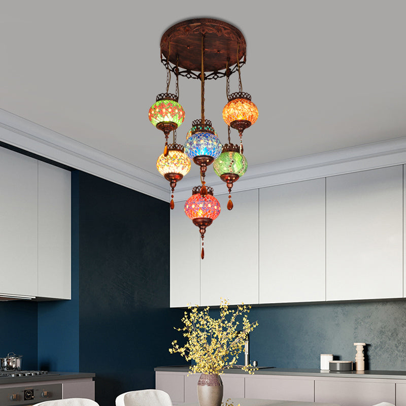 Global Cut Glass Hanging Light Bohemian 7-Head Kitchen Chandelier Lighting Fixture in Copper Clearhalo 'Ceiling Lights' 'Pendant Lights' 'Pendants' Lighting' 1787774