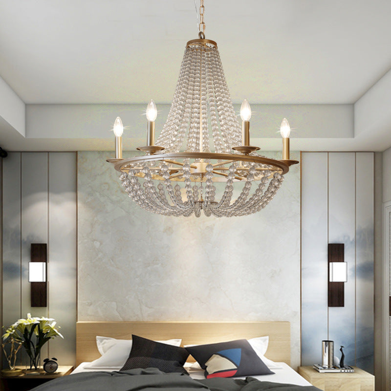 Crystal Beaded Hanging Chandelier Traditional 6 Lights Bedroom Ceiling Pendant in Gold Clearhalo 'Ceiling Lights' 'Chandeliers' Lighting' options 1787782