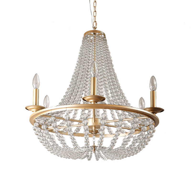 Crystal Beaded Hanging Chandelier Traditional 6 Lights Bedroom Ceiling Pendant in Gold Clearhalo 'Ceiling Lights' 'Chandeliers' Lighting' options 1787786