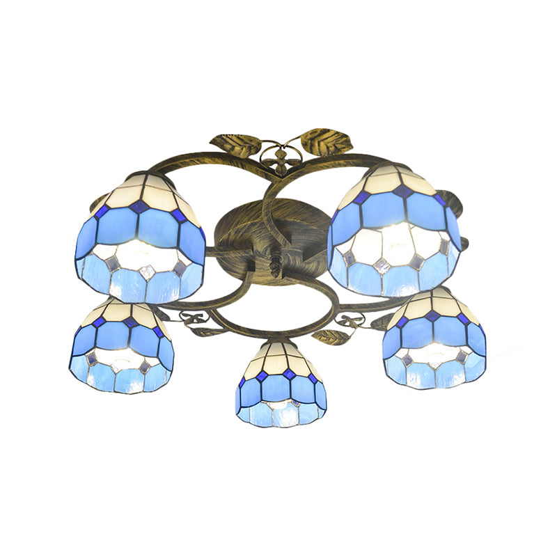Lattice Domed Ceiling Mount Light 5/9 Lights Tiffany Classic Art Glass Ceiling Lamp in Blue/Sky Blue for Cloth Shop Clearhalo 'Ceiling Lights' 'Close To Ceiling Lights' 'Close to ceiling' 'Glass shade' 'Glass' 'Semi-flushmount' 'Tiffany close to ceiling' 'Tiffany' Lighting' 178781