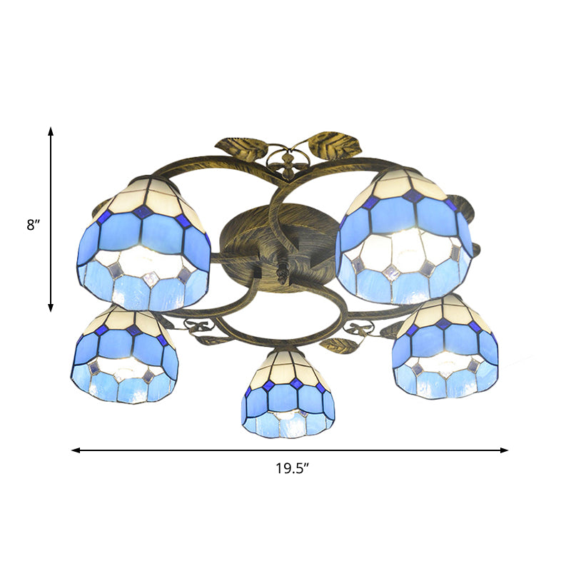 Lattice Domed Ceiling Mount Light 5/9 Lights Tiffany Classic Art Glass Ceiling Lamp in Blue/Sky Blue for Cloth Shop Clearhalo 'Ceiling Lights' 'Close To Ceiling Lights' 'Close to ceiling' 'Glass shade' 'Glass' 'Semi-flushmount' 'Tiffany close to ceiling' 'Tiffany' Lighting' 178782