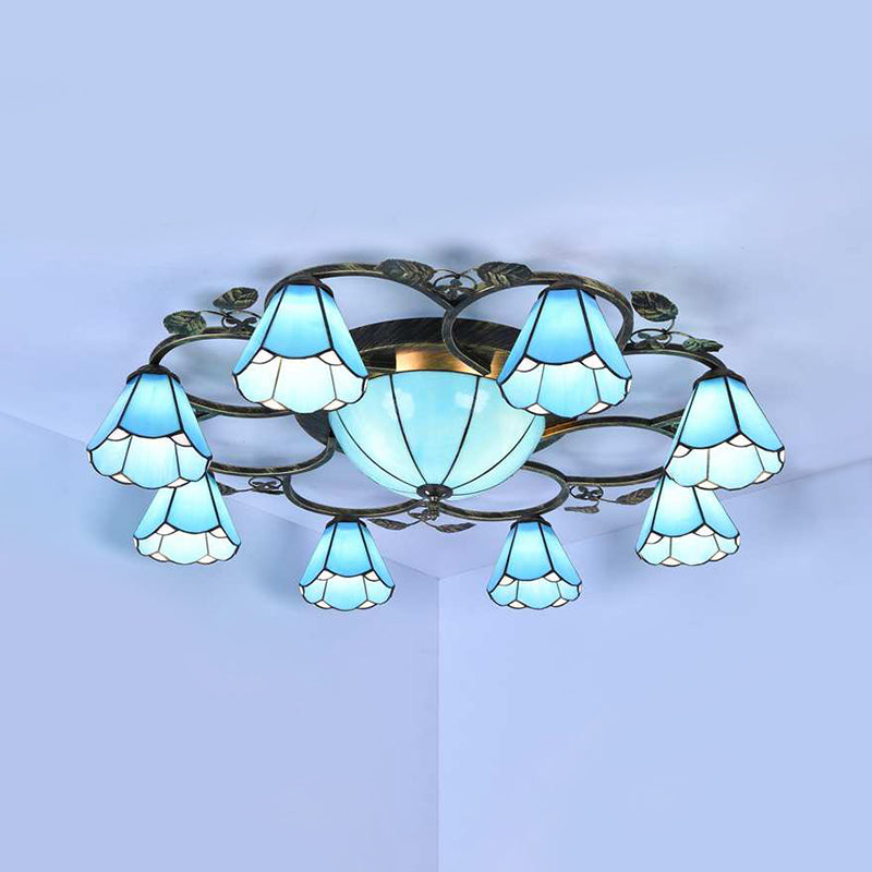Lattice Domed Ceiling Mount Light 5/9 Lights Tiffany Classic Art Glass Ceiling Lamp in Blue/Sky Blue for Cloth Shop 9 Sky Blue Clearhalo 'Ceiling Lights' 'Close To Ceiling Lights' 'Close to ceiling' 'Glass shade' 'Glass' 'Semi-flushmount' 'Tiffany close to ceiling' 'Tiffany' Lighting' 178783