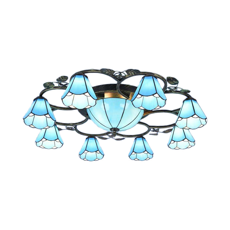 Lattice Domed Ceiling Mount Light 5/9 Lights Tiffany Classic Art Glass Ceiling Lamp in Blue/Sky Blue for Cloth Shop Clearhalo 'Ceiling Lights' 'Close To Ceiling Lights' 'Close to ceiling' 'Glass shade' 'Glass' 'Semi-flushmount' 'Tiffany close to ceiling' 'Tiffany' Lighting' 178784