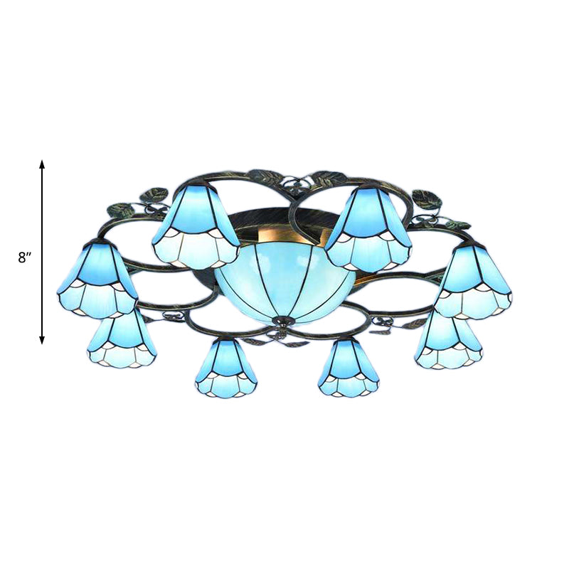 Lattice Domed Ceiling Mount Light 5/9 Lights Tiffany Classic Art Glass Ceiling Lamp in Blue/Sky Blue for Cloth Shop Clearhalo 'Ceiling Lights' 'Close To Ceiling Lights' 'Close to ceiling' 'Glass shade' 'Glass' 'Semi-flushmount' 'Tiffany close to ceiling' 'Tiffany' Lighting' 178785