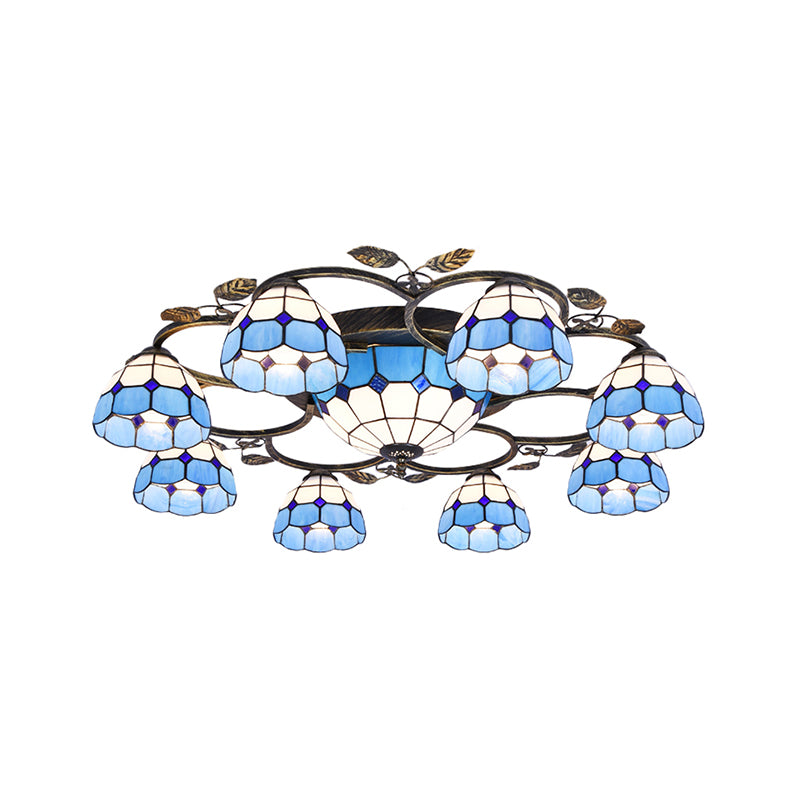 Lattice Domed Ceiling Mount Light 5/9 Lights Tiffany Classic Art Glass Ceiling Lamp in Blue/Sky Blue for Cloth Shop Clearhalo 'Ceiling Lights' 'Close To Ceiling Lights' 'Close to ceiling' 'Glass shade' 'Glass' 'Semi-flushmount' 'Tiffany close to ceiling' 'Tiffany' Lighting' 178787