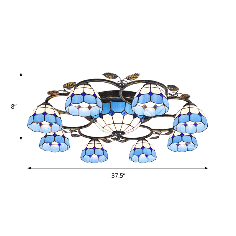 Lattice Domed Ceiling Mount Light 5/9 Lights Tiffany Classic Art Glass Ceiling Lamp in Blue/Sky Blue for Cloth Shop Clearhalo 'Ceiling Lights' 'Close To Ceiling Lights' 'Close to ceiling' 'Glass shade' 'Glass' 'Semi-flushmount' 'Tiffany close to ceiling' 'Tiffany' Lighting' 178788