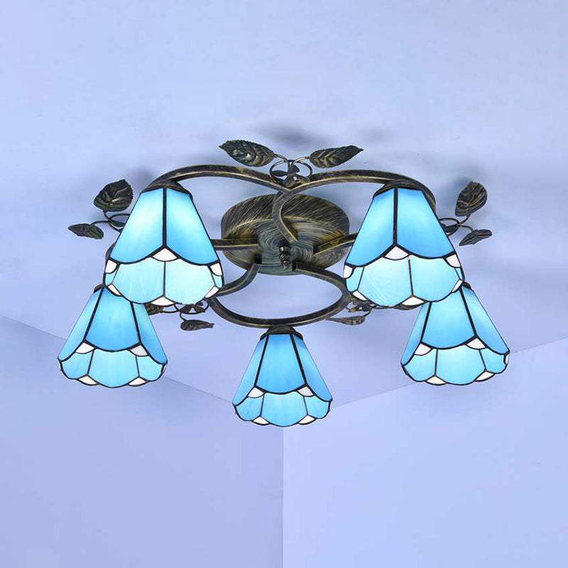 Lattice Domed Ceiling Mount Light 5/9 Lights Tiffany Classic Art Glass Ceiling Lamp in Blue/Sky Blue for Cloth Shop 5 Sky Blue Clearhalo 'Ceiling Lights' 'Close To Ceiling Lights' 'Close to ceiling' 'Glass shade' 'Glass' 'Semi-flushmount' 'Tiffany close to ceiling' 'Tiffany' Lighting' 178790