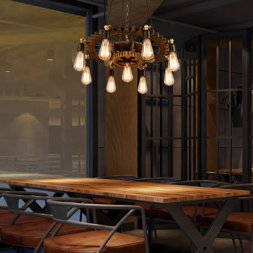 2 Tiers Gear Restaurant Chandelier Light Antique Metallic 9-Bulb Rust Suspended Lighting Fixture Clearhalo 'Cast Iron' 'Ceiling Lights' 'Chandeliers' 'Industrial Chandeliers' 'Industrial' 'Metal' 'Middle Century Chandeliers' 'Rustic Chandeliers' 'Tiffany' Lighting' 1787976